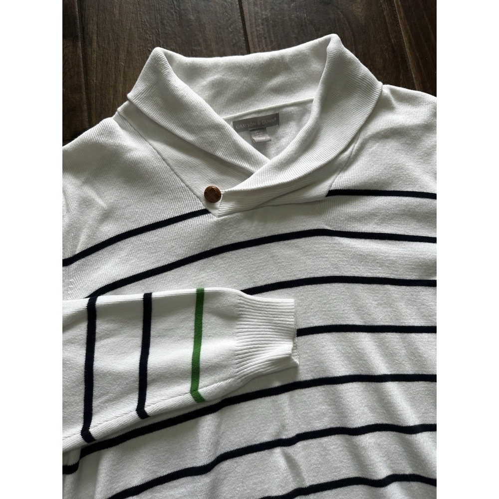 Grayson & Dunn Womens Large White Striped Shawl Collar‎ Cotton Sweater Nautical